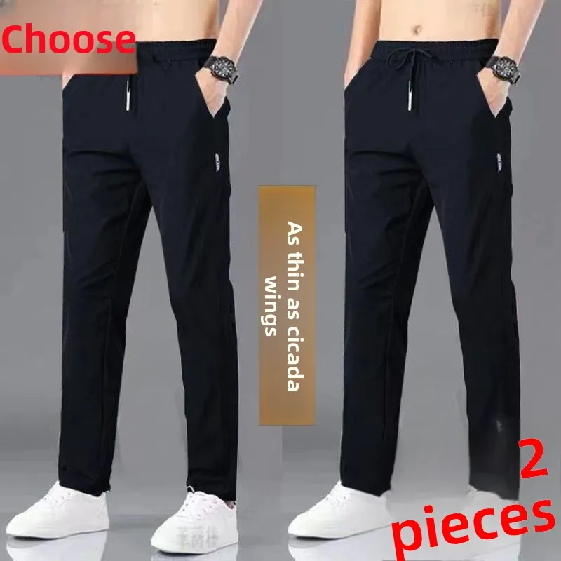 بنطلون رجالي رفيع للربيع والصيف، سروال مستقيم فضفاض مرن من الحرير الصناعي، بنطلون رياضي طويل للشباب بخصر مرتفع ومرن