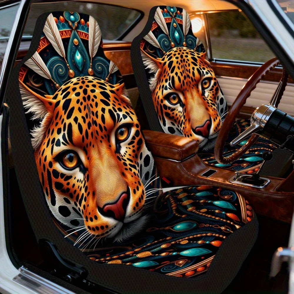 2pcs, Abstract Leopard Colorful Print Car Seat Covers, Washable And Durable, Universal Fit For Front Seats, Ideal For Stylish In