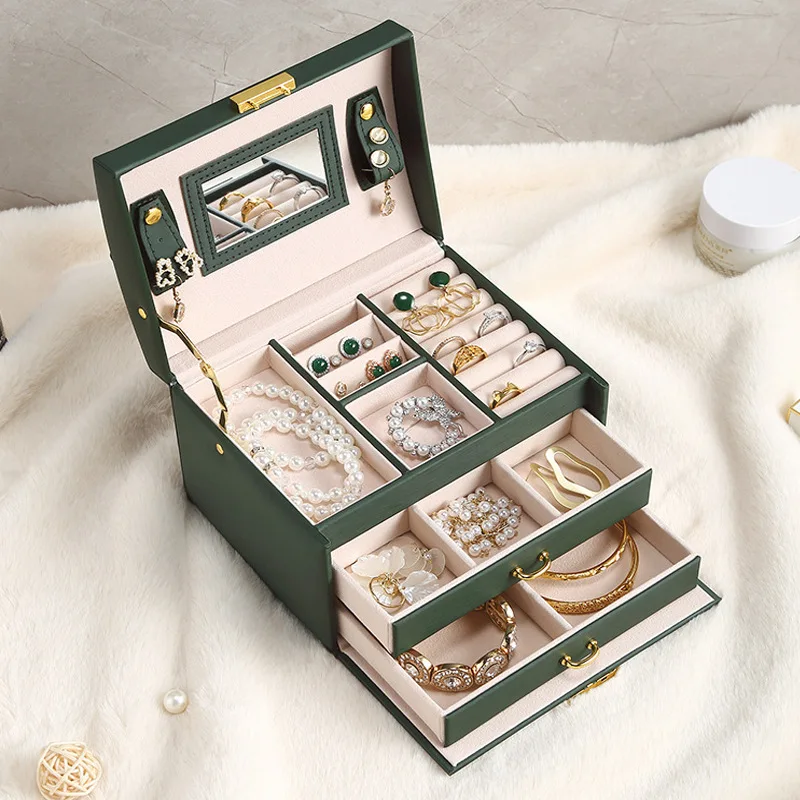 

Jewelry Storage Box With Mirror Three Layers Tray Dispaly Multifunctional Organizer Jewelry Box Ring Necklace Portable Suitcase.