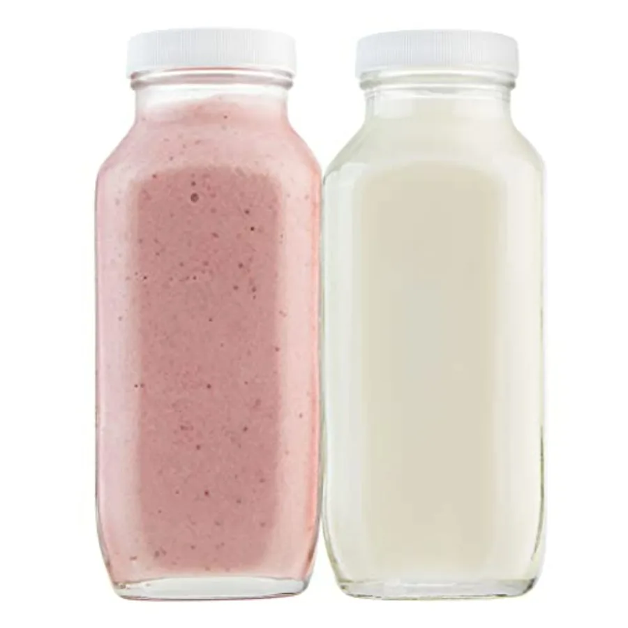 

16oz Square Glass Milk Bottles with Airtight Plastic Lids Pack of 4 Reusable Storage Containers for Fridge Lunchbox and OntheGo
