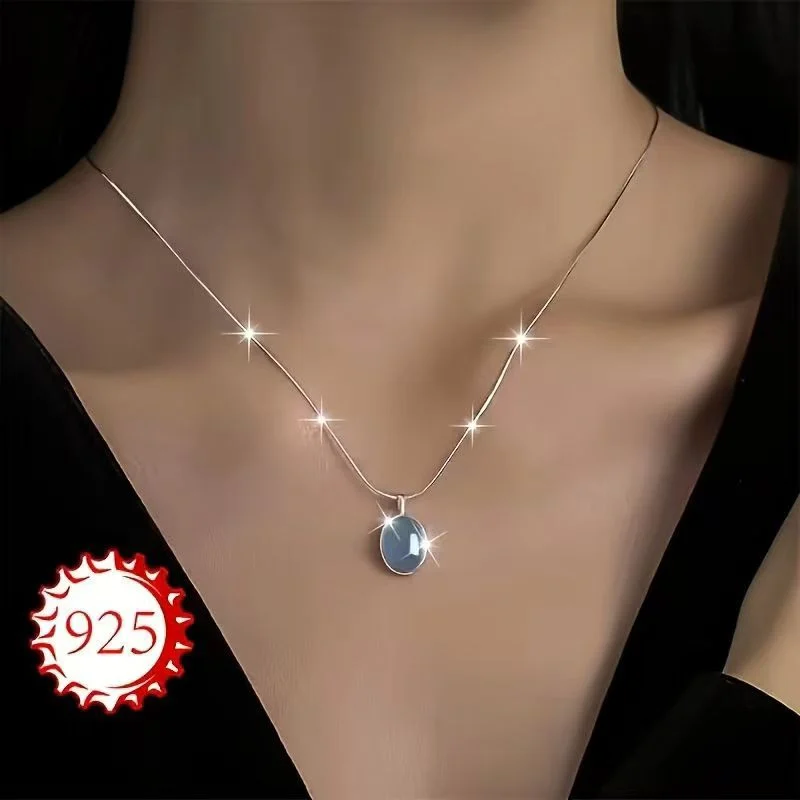 

925 Sterling Silver Necklace with Moonstone and Natural Aquamarine Pendant, Necklace, Clavicle Chain, Women's Jewelry