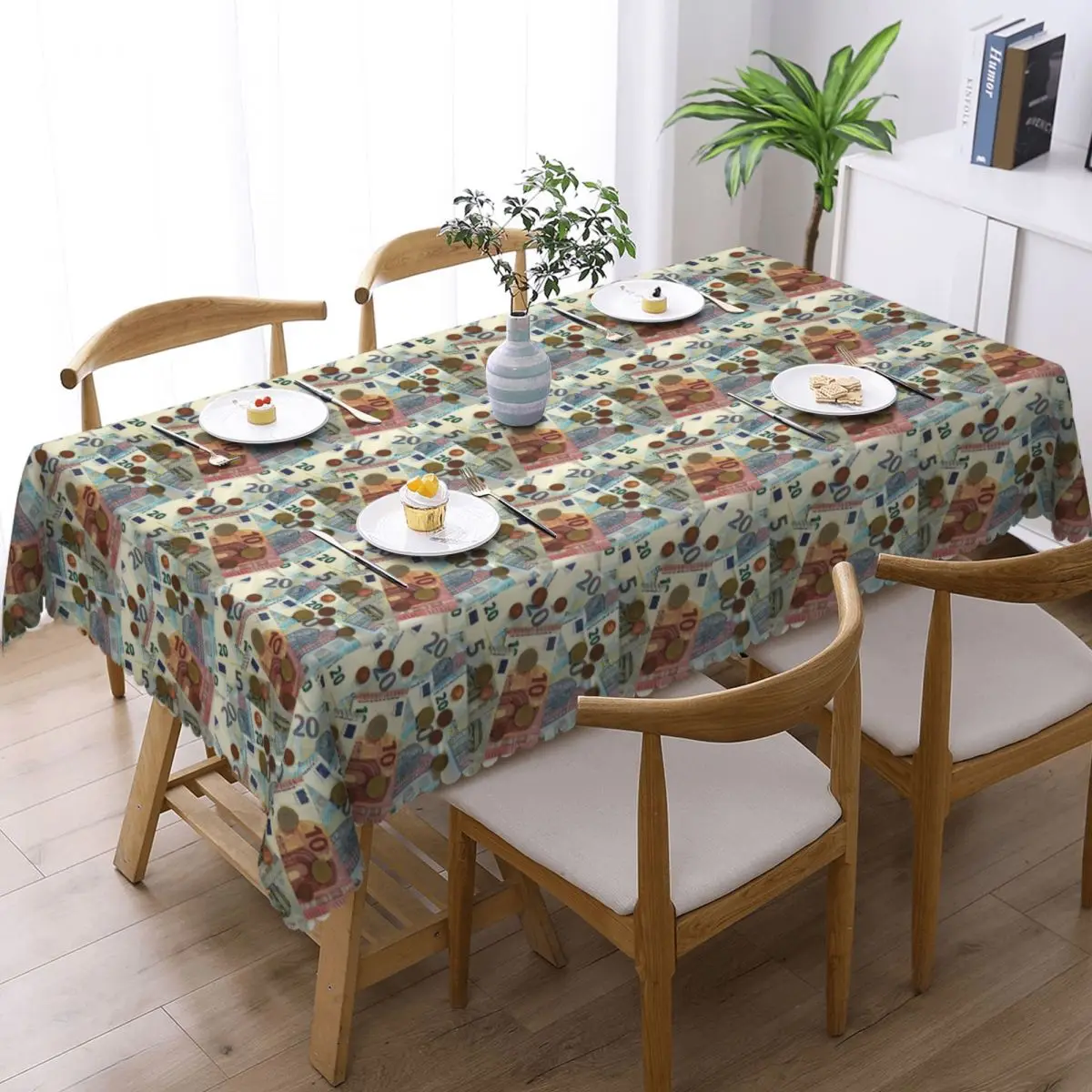 Euro Banknotes And Coins Custom Rectangular Tablecloth Waterproof Table Cover for Dining Events Table Cloth