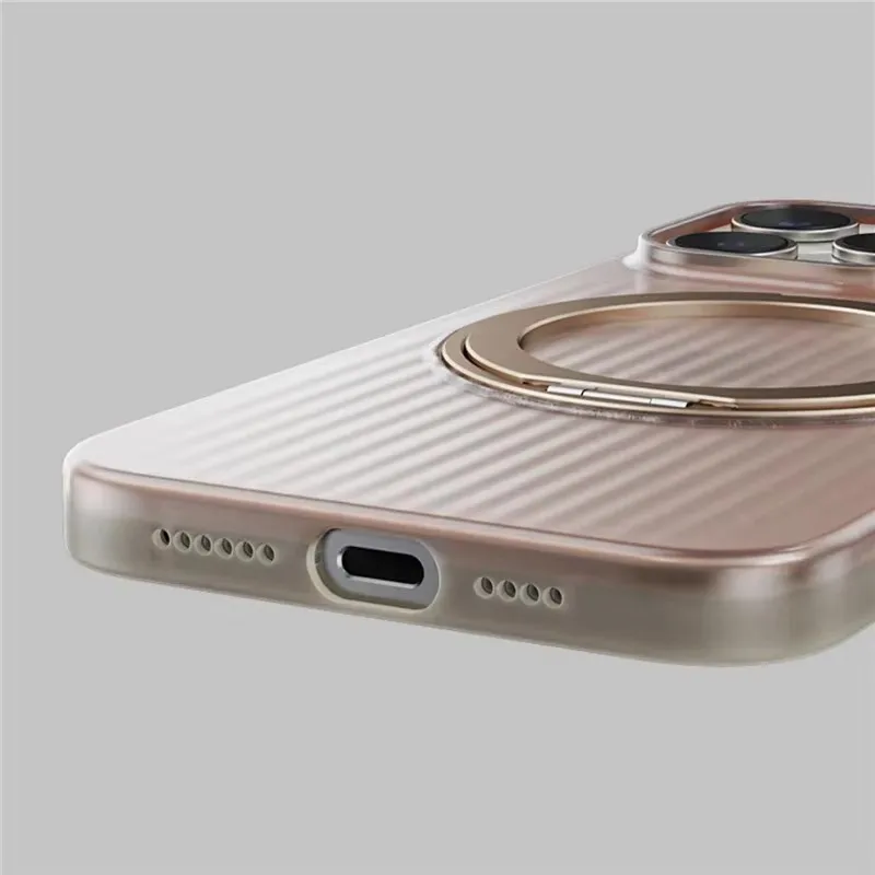 Corrugated Stripes Magnetic Magsafe 360°Rotating Holder Metal Ring Phone Case for iPhone 14 15 16 Pro Max Matte Shockproof Cover