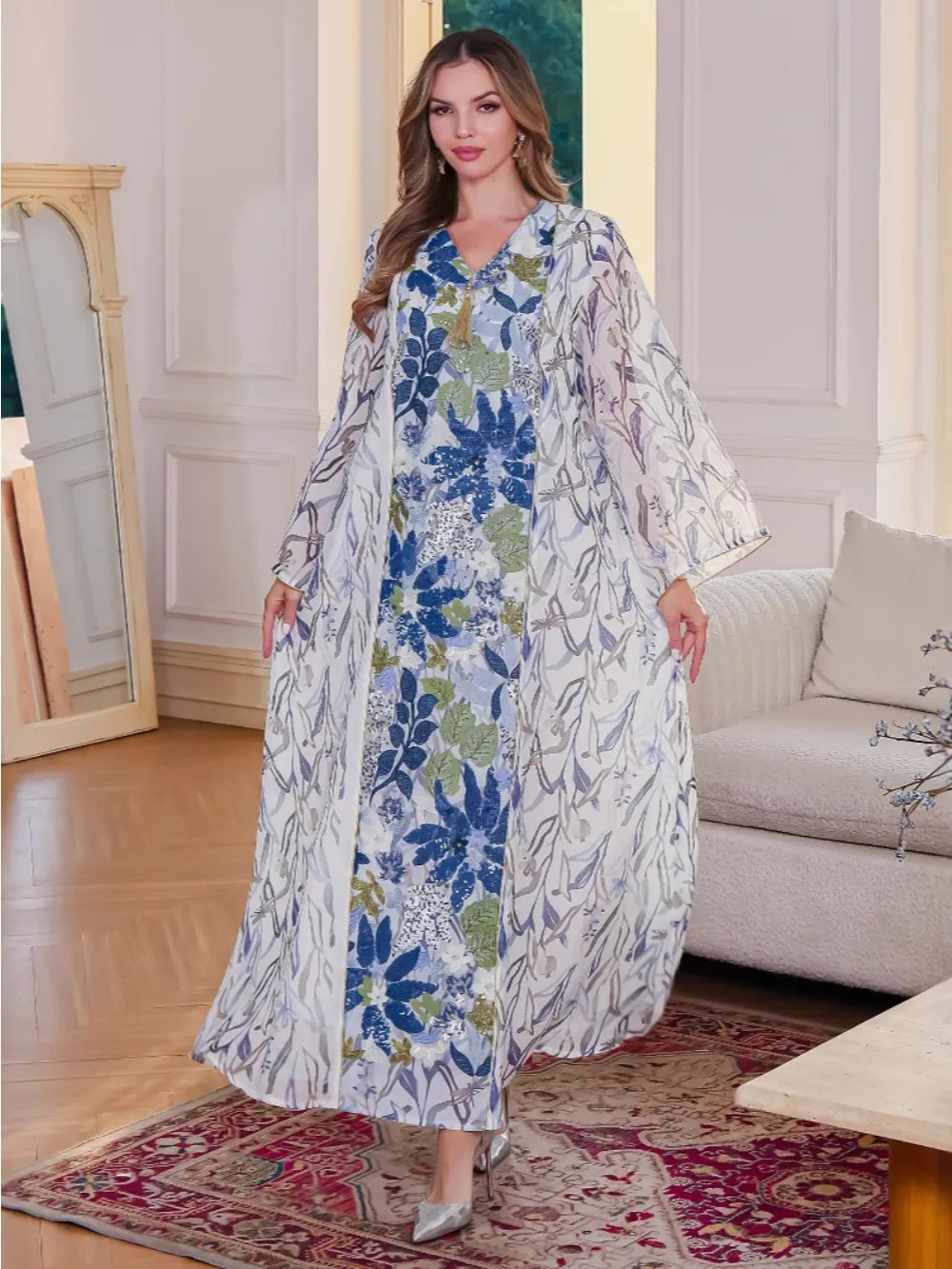 Eid Morocco Muslim Dress Women Floral Print Abaya Dubai Arabic Vestidos Long Kaftan Islamic Clothing Gown Robe 2022 Party Dress