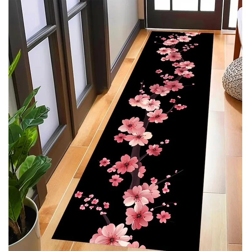 VIKAMA Black Cherry Blossom Runner Rug Pink Sakura Branch Print Non Slip Washable Long Floor Mat Hallway Entryway Carpet