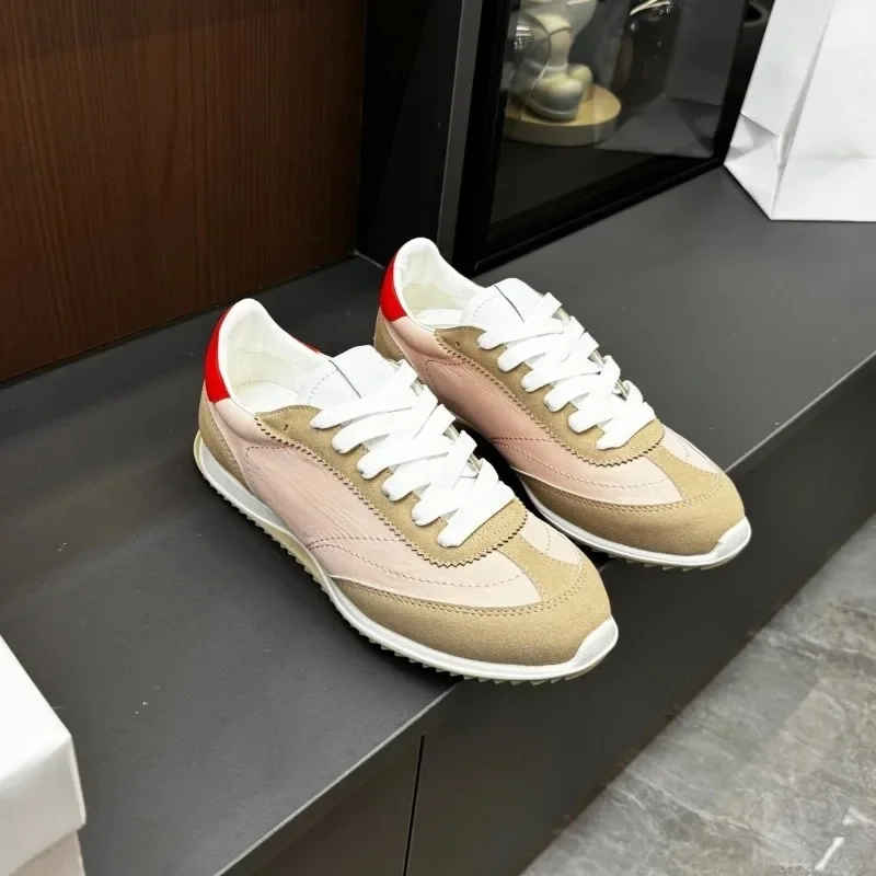2026 New Women Retro Color Block Suede Casual Sneakers Flat Lace Up Walking Shoes Summer Everyday Sports Trainer Footwear