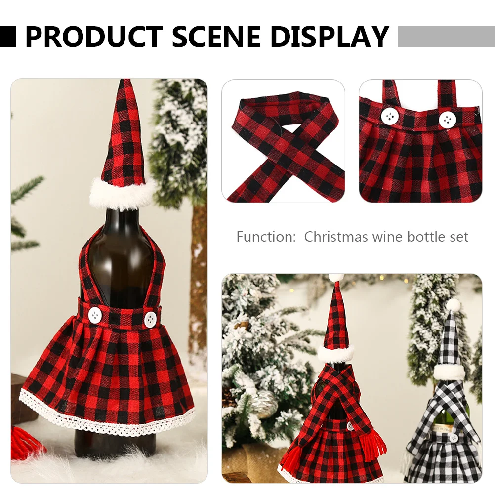 

1 set Plaid Hats Scarves Skirts Set Christmas Wine Dress Suit For Bottle Cover Decor Dustproof Protector Party Accessory
