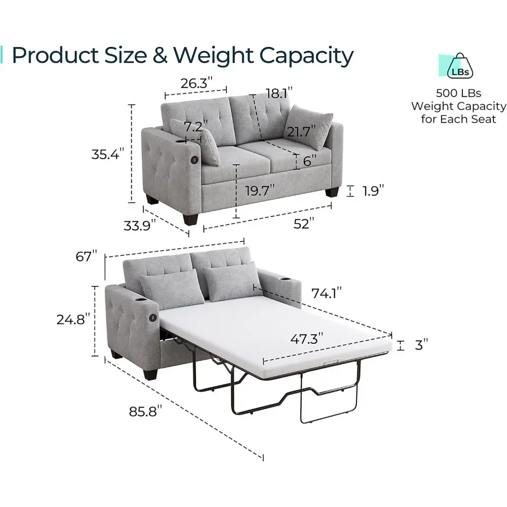 2-in-1 Convertible Sleeper Couch with Memory Foam Mattress and Solid Wood Bed Frame, Two Seat Loveseat Sleeper Sofa Bed