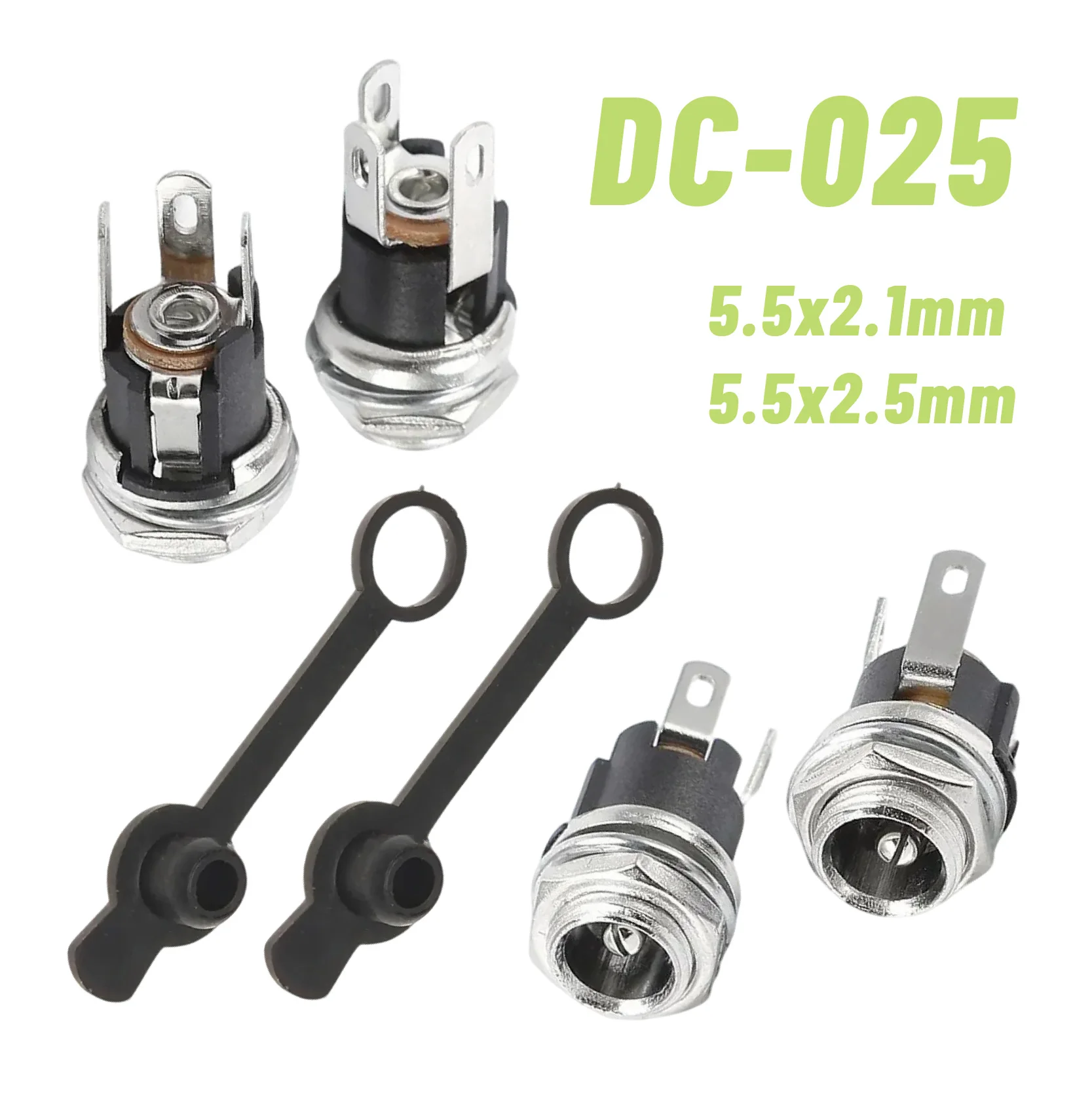 DC-025 Metal DC Power Jack Socket Female Panel Mounting Connector 5.5x2.1/2.5mm Threaded with Waterproof Cap