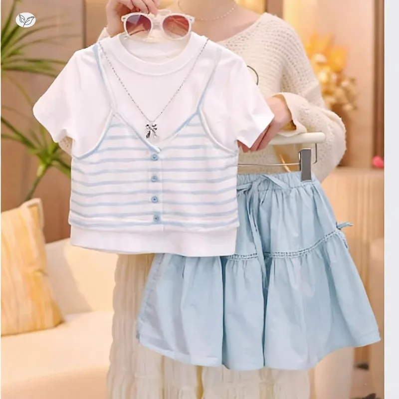 Girls Sweet Summer Dress 2026 New Fake Two Piece Striped Shirt Bow Half Length Skirt Two Piece Set for Middle Aged Children