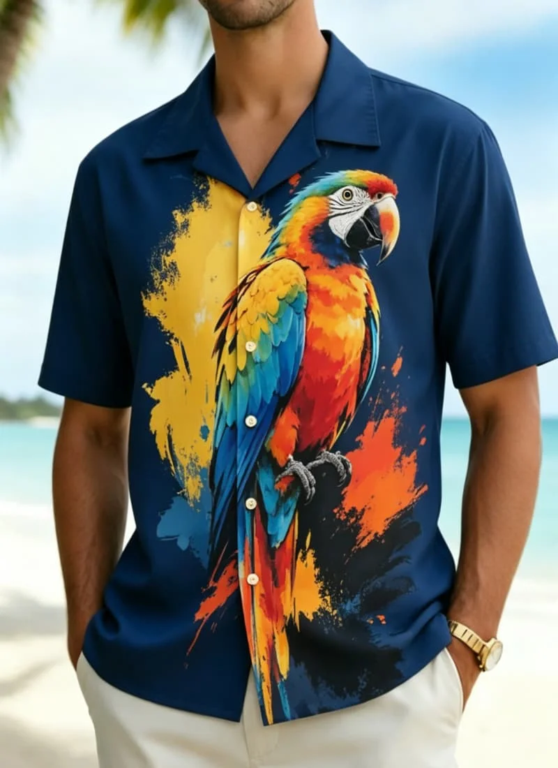 

Men's vintage watercolor bird print Hawaiian shirt, suitable for summer festivals, beach trips, daily travel, and street wear