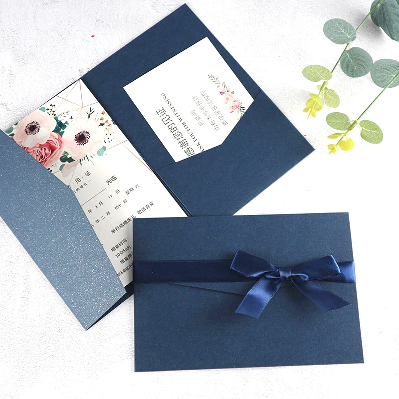 100 pieces Navy Tri-fold Pocket Wedding Invitation Card Overseas Chinese Customized Print Business Birthday XV Invitations IC160