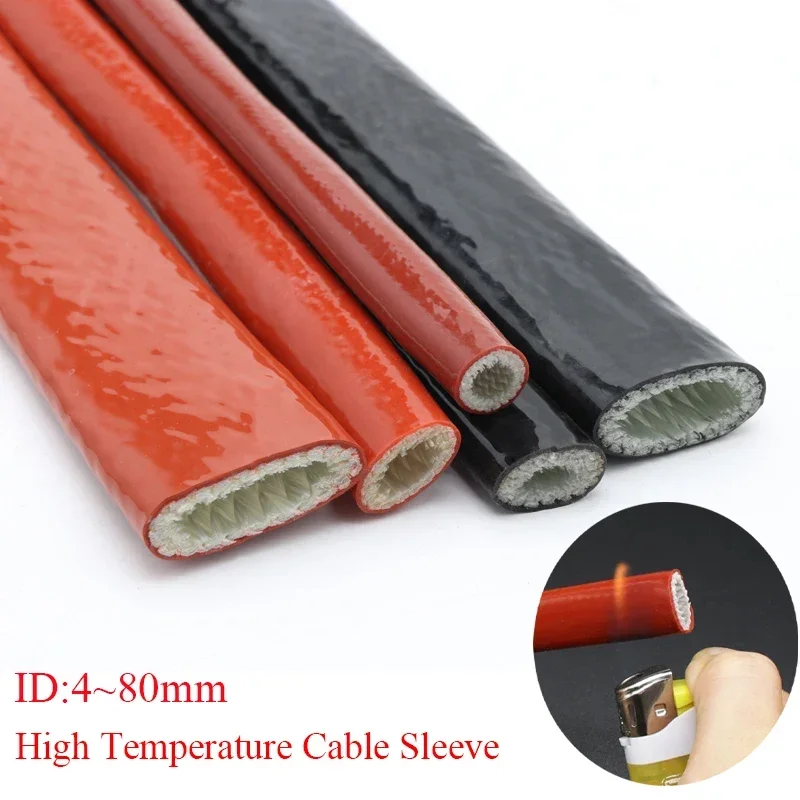 1M High Temperature Resistant Fiberglass Tube Silicone Resin Fiber Braided Fireproof Sleeve Fire Retardant Casing Pipe Black Red