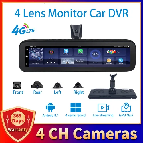 안드로이드 대시 캠 지지대 4G 4 렌즈 미러 카메라, HD 1080P 자동 카메라, GPS 와이파이 ADAS, 자동차 DVR 지지대 512GB, 11.25 인치, 2GB + 32GB 