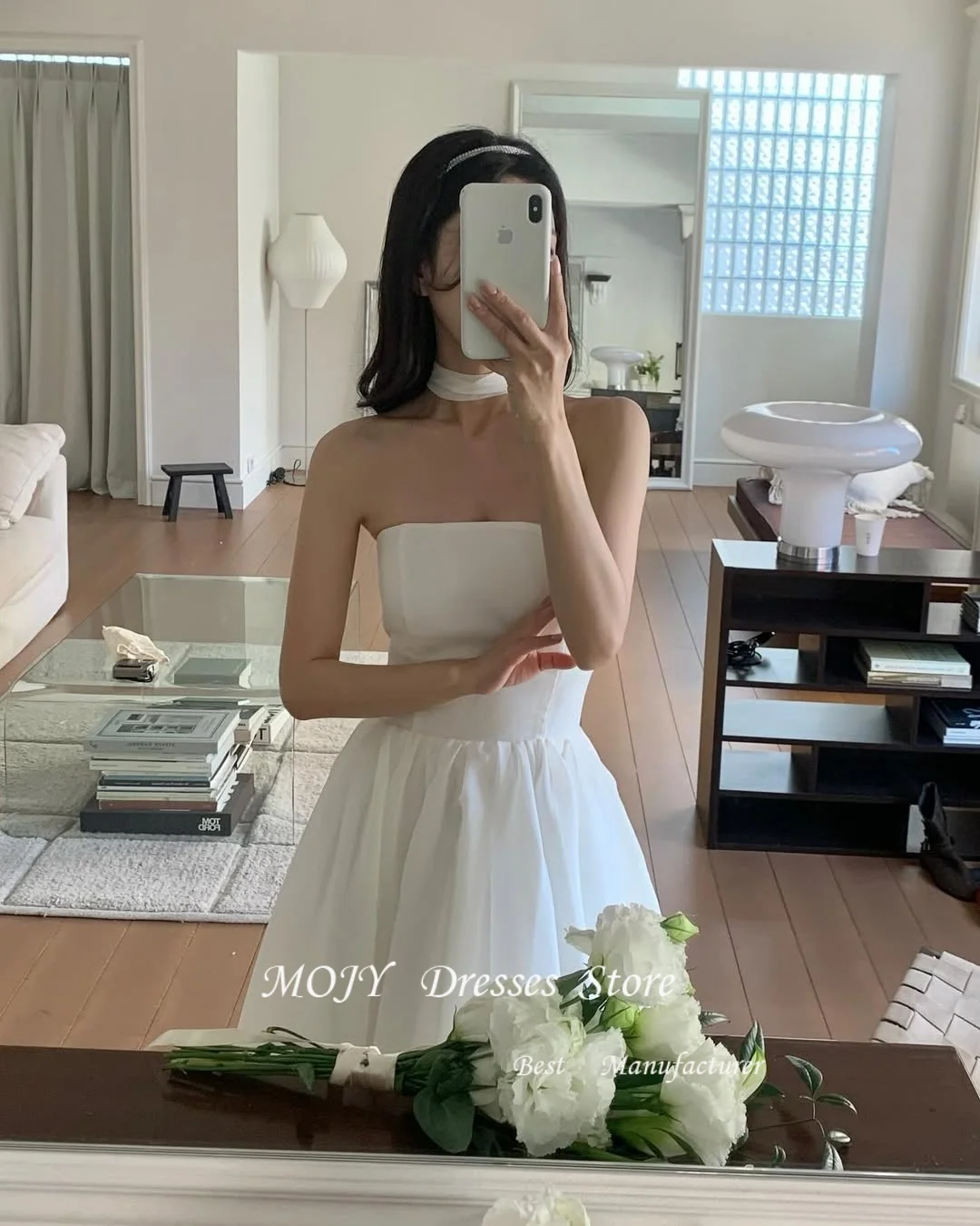 Mojy Black Party Dresses Korean Style A Line Simple Wedding Dresses Strapless Prom Dresses Corset Back Evening Dresses