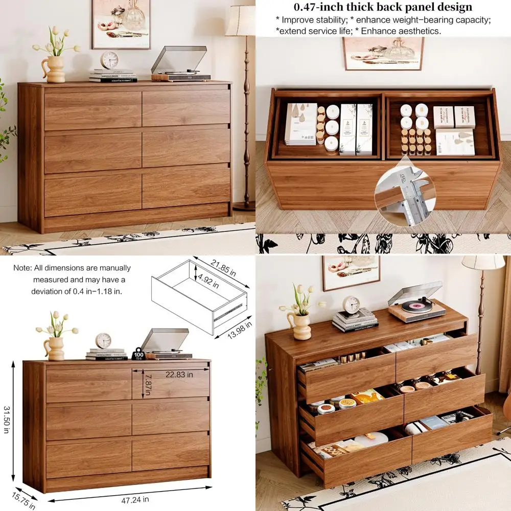 

Mid-Century 6-Drawer Wooden Dresser, 47 Wide Storage Chest for Bedroom and Living Spaces