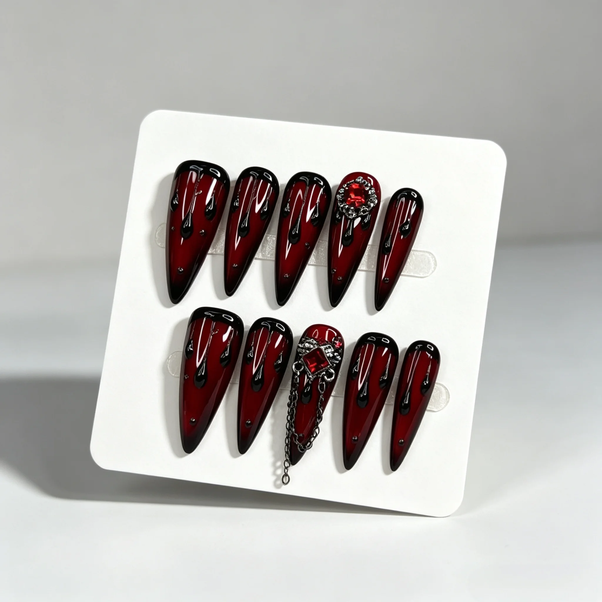 10pcs Halloween Gothic Blood Drip Handmade Press on Nails Long Point Fake Nail Red‑Black Vampire 3D Rhinestone Chain False Nail