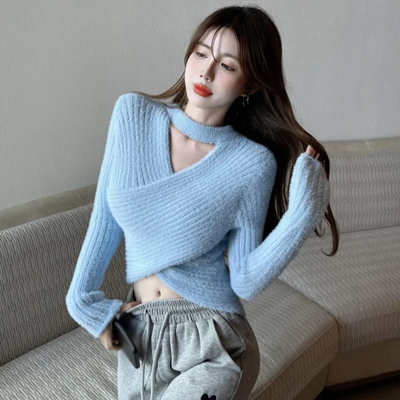 Women Knitted Slim Sweater Clothes  Fashion Sweaters Pullover Solid  Long Sleeve Winter Butterfly Neck Sweater Female New Autumn