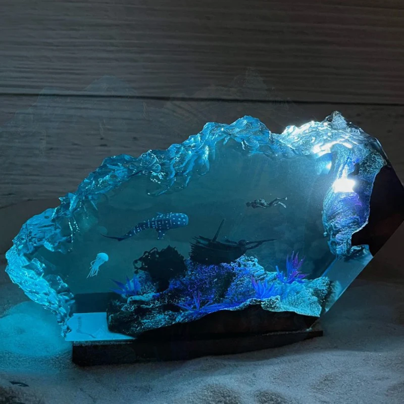 Mar de Exploração Organismo Resina Mesa Luz, Arte Criativa Decoração Lâmpada, Mergulho afundado Navio Tema, Luz noturna, USB Charge