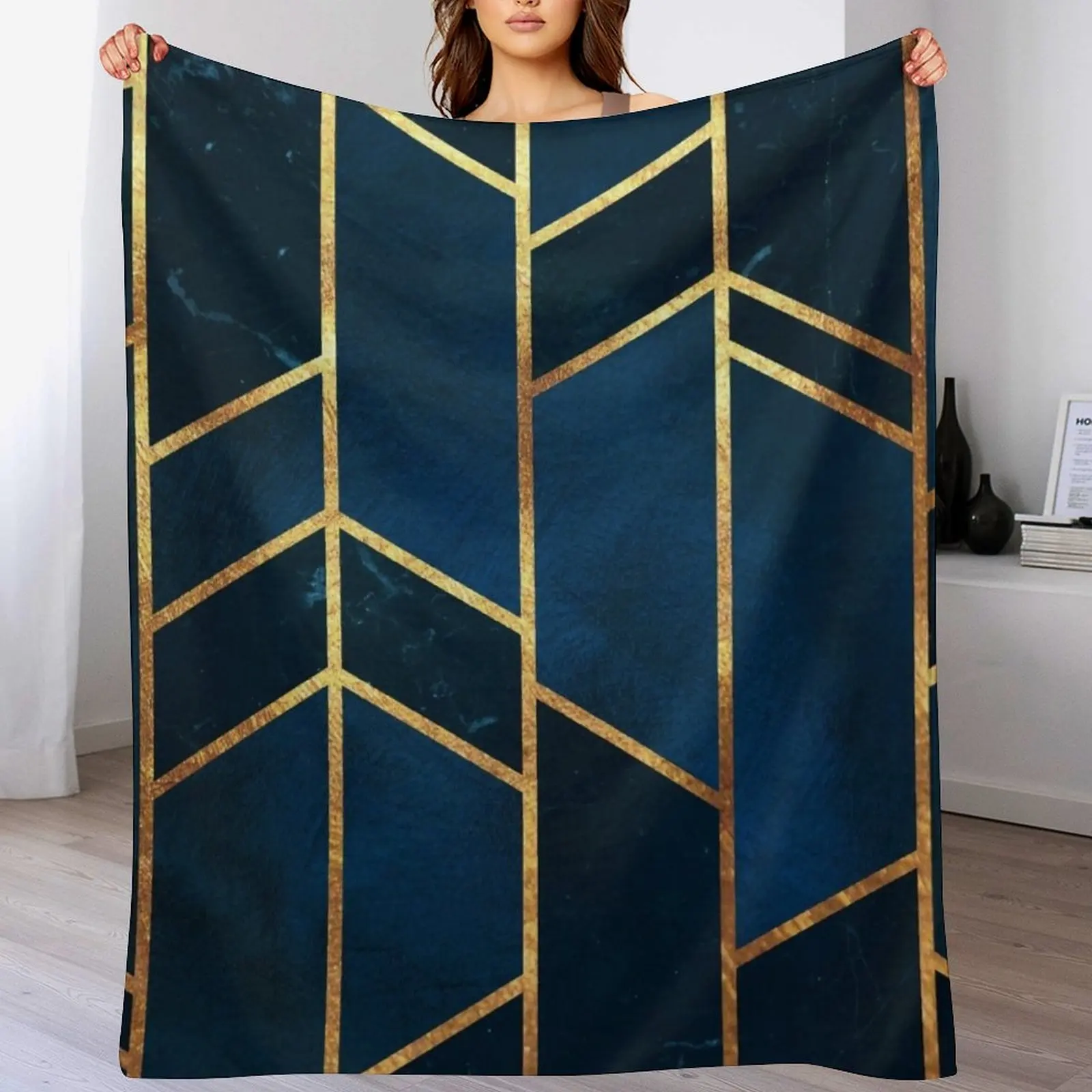 Navy Gold Stone Geometric Throw Blanket Shaggy blankets ands Fashion Sofas Blankets