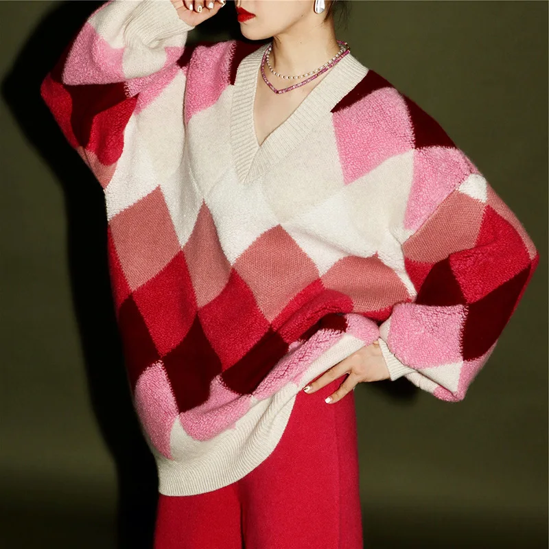 Flocking Argyle Oversized Sweaters for Women, Thick Sweater, Long Pullovers, Korean Fashion, V Neck Sweater,Autumn and Winter