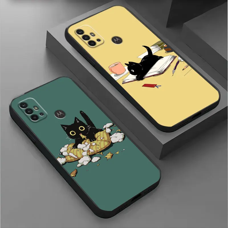 Cat Cartoon Cute Cover Phone Case for Motorola Moto G22 G31 G32 G51 G82 G8 Power Lite G30 G52 G72 G50 G71 5G G60 G200 Black