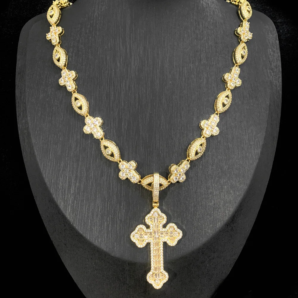 New eye cross necklace with high-end feel paired with zircon diamond pendant for men's hip-hop necklace