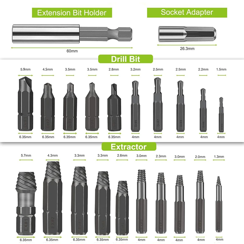 22Pcs Damaged Screw Extractor Drill Bit Set Stripped Screw Extractor Broken Bolt Extractor All-Purpose with Magnetic