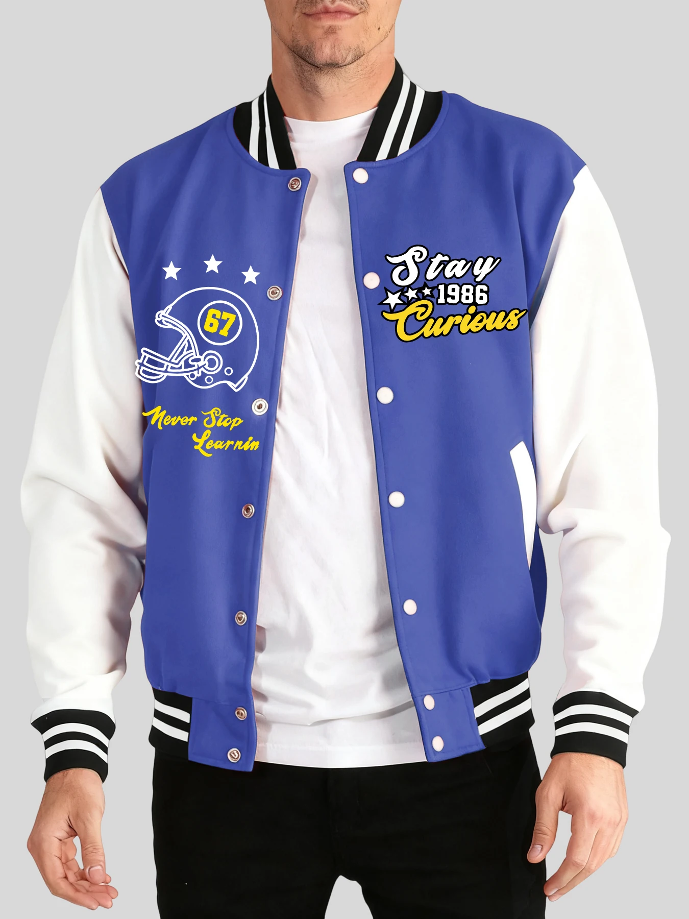 

Бейсбольный трикотаж с принтом Stay Curious Never Stop Learning, мужская свободная модная куртка в готическом стиле, осенне-зимняя теплая куртка