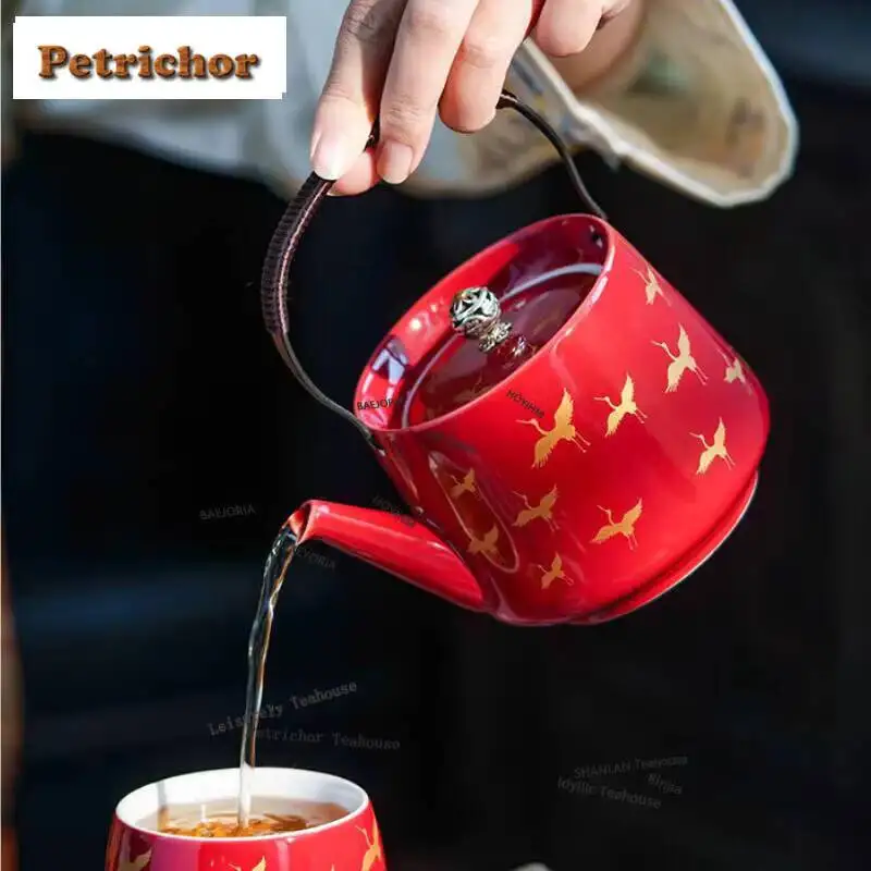 293ml Forbidden City Red Gold Stamp Crane Hoop Handle Teapot Antique Tea Infuser Pot Tea Making Kettle With Filter Cha Craft