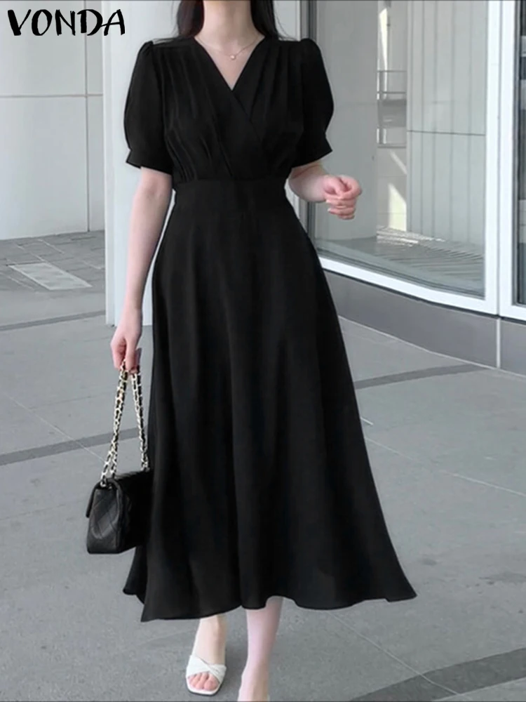

VONDA Elegant Party Sundress 2025 Summer Women Long Shirt Dress Sexy V-Neck Casual Solid Color Short Sleeve Robe Midi Vestidos