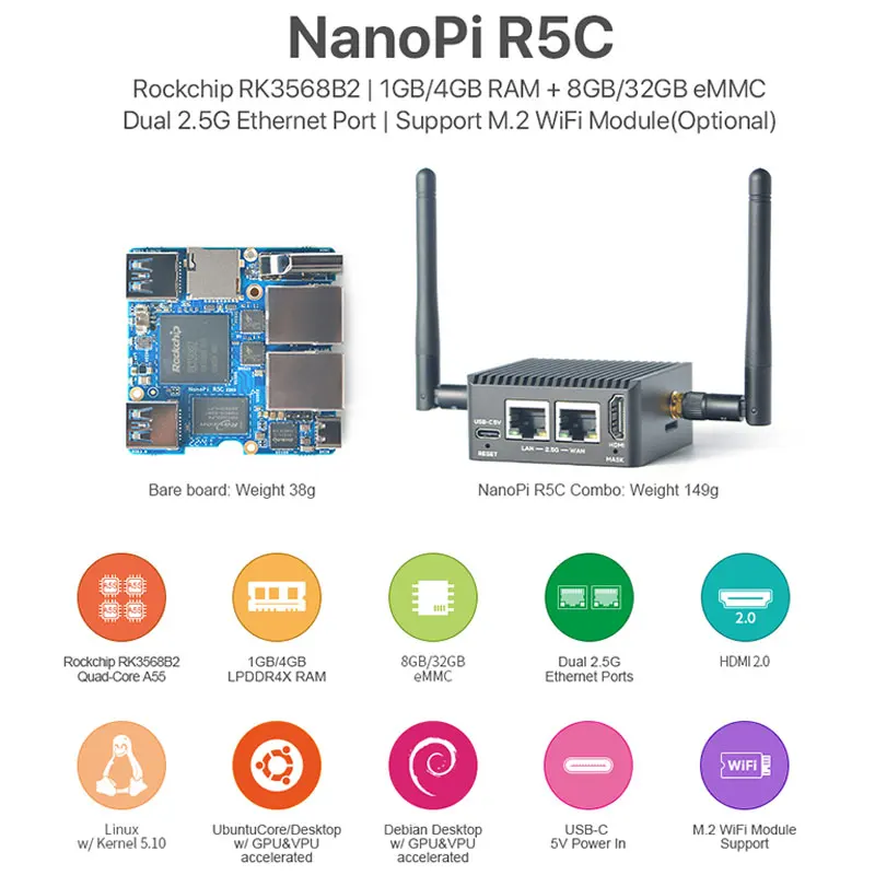 NanoPi R5C Rockchip RK3568B2 A55 Dual 2.5G Ethernet Port Support M.2 WiFi Module  Linux/Openwrt/Debian/Ubuntu