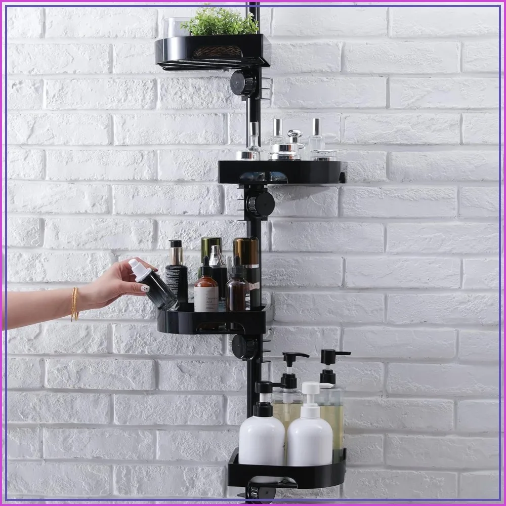 

4-Tier Corner Shower Caddy Tension Pole Organizer - Adjustable Rustproof Metal, Plastic Shelves with Guardrail, Bathroom Storage