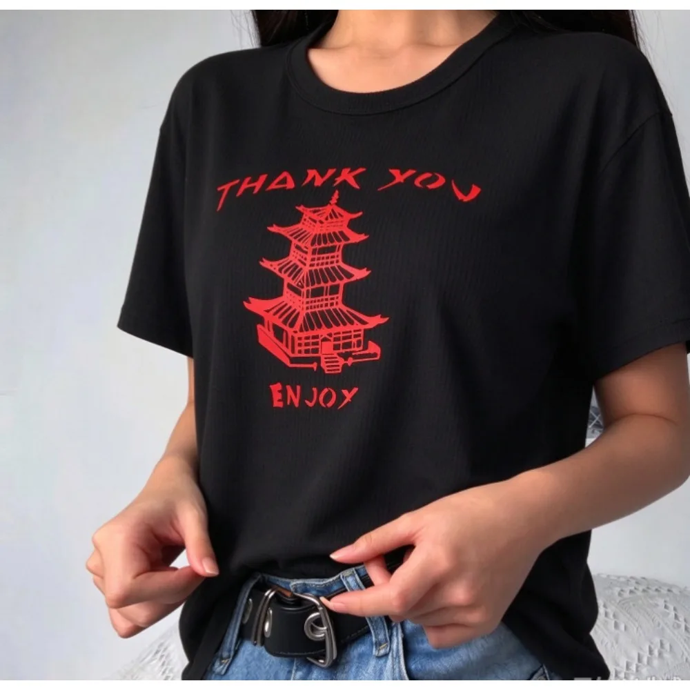 Retro Pagoda Print T-shirt Women Casual Loose Short Sleeve Tee THANK YOU ENJOY Graphic Tops Streetwear Aesthetic Shirts