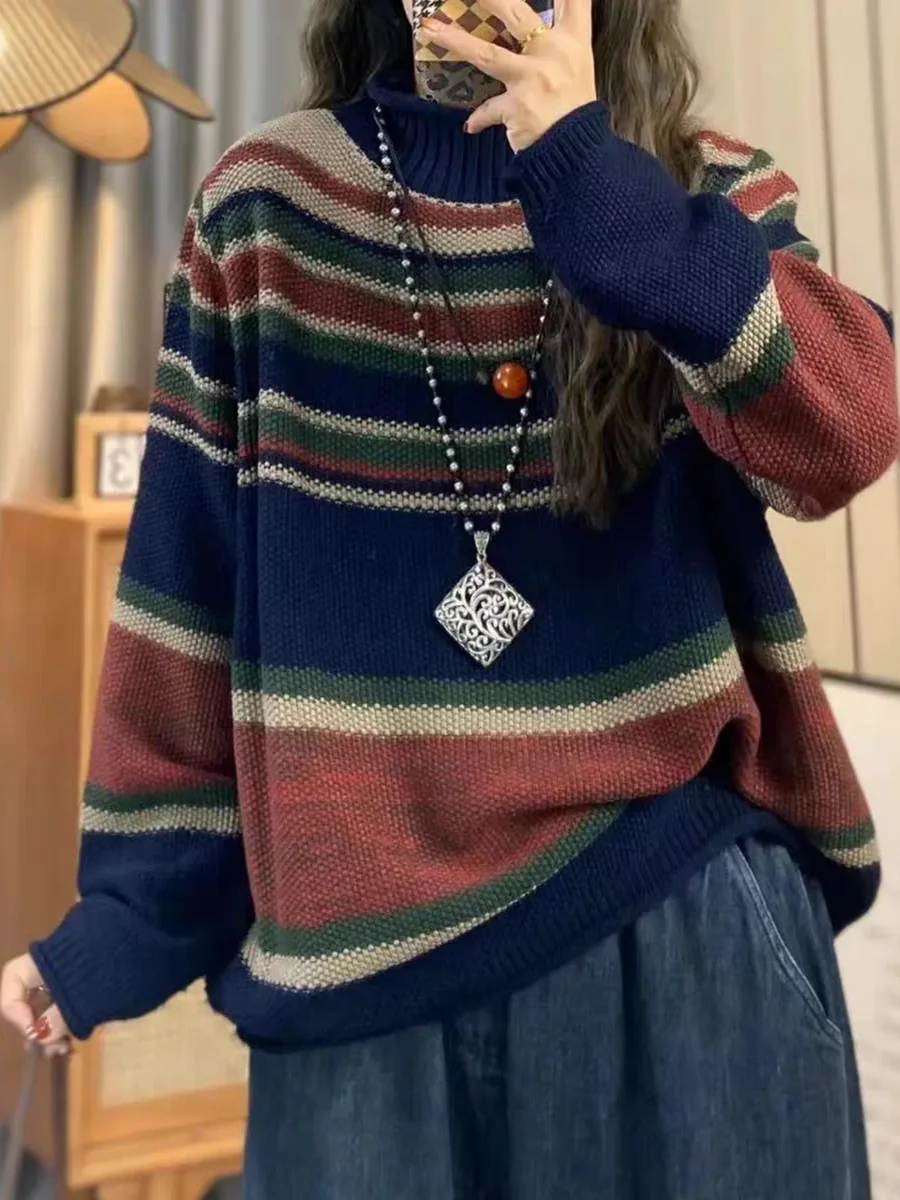 

Thiened f-High Collar Knitted Sweater Women's Loose Fit Warm Striped Vintage Sle Autumn Winter Faion Ladies Sweater