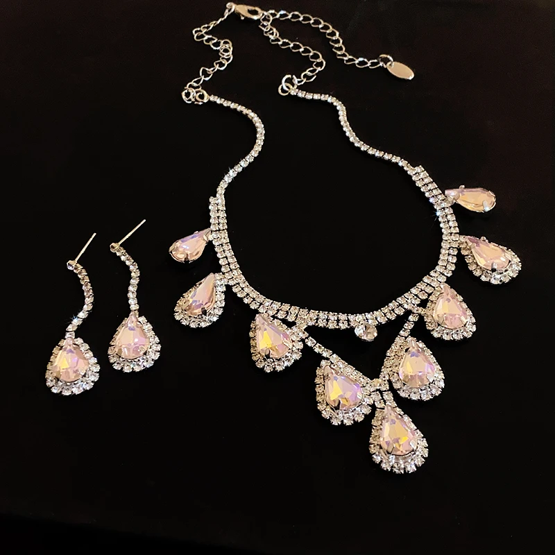 Grote waterdruppel bloem ketting oorbellen set glanzende vol strass ketting voor vrouwen bruids bruiloft sieraden sets