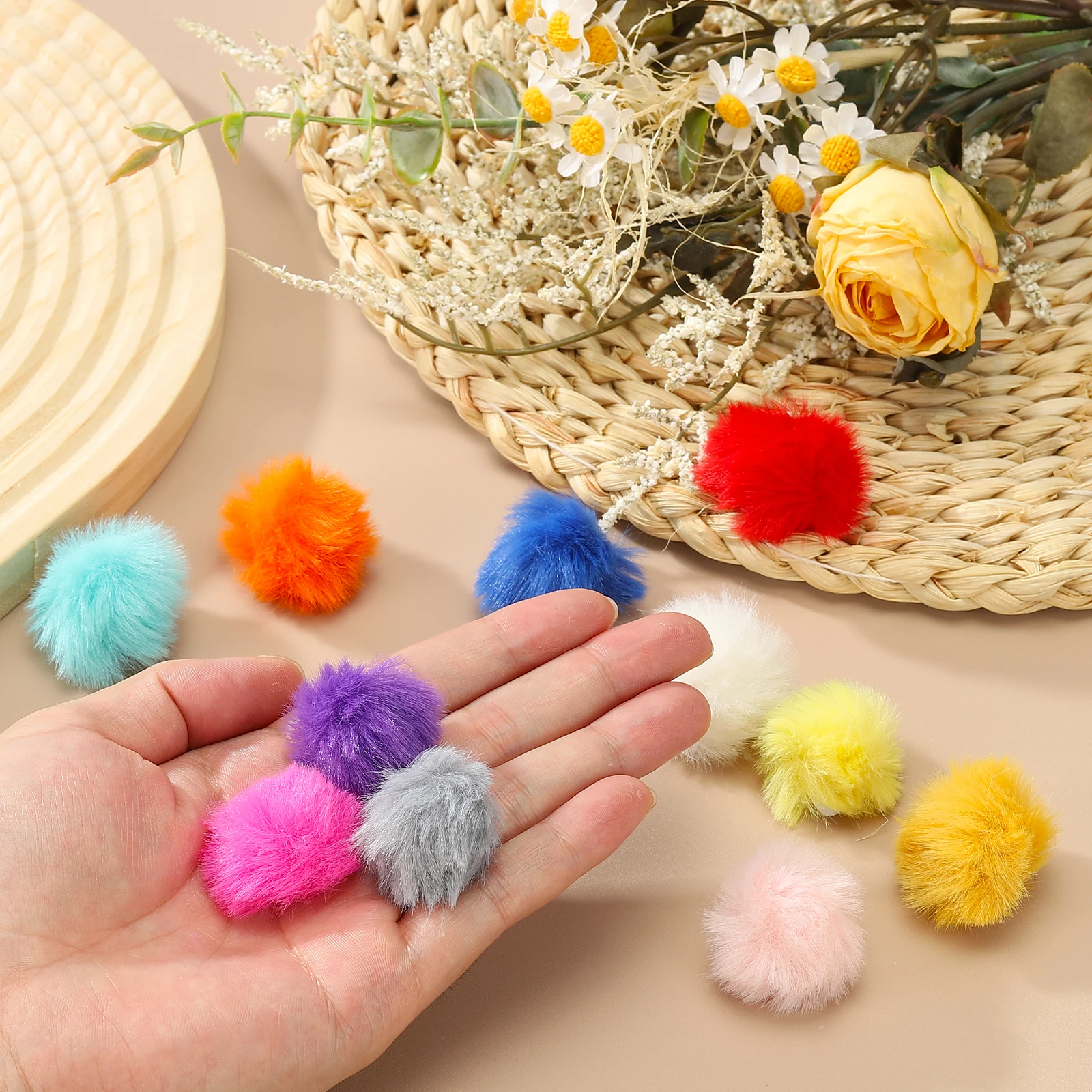 20pcs 3cm Faux Fur Pom Poms for Hats Fluffy Soft Fur Poms Balls with Elastic Loop for Keychain Knitting Hats DIY Scarves Gloves