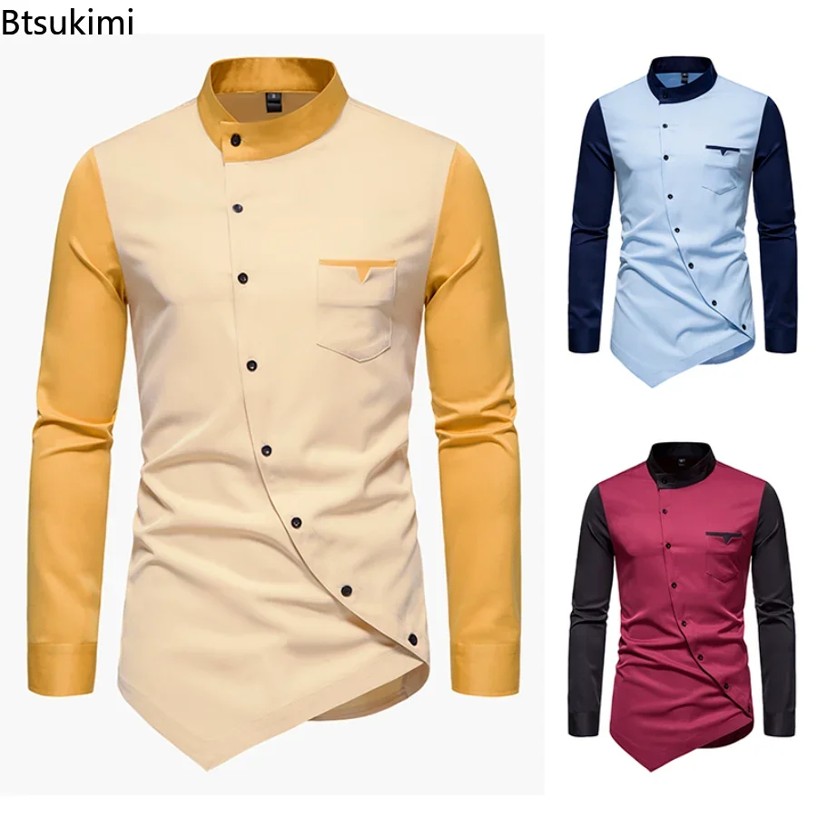 2024 Men\'s Casual Shirts Patchwork Irregular Oblique Button Long Sleeve Men\'s Dress Wedding Business Shirt Tops Chemise Homme