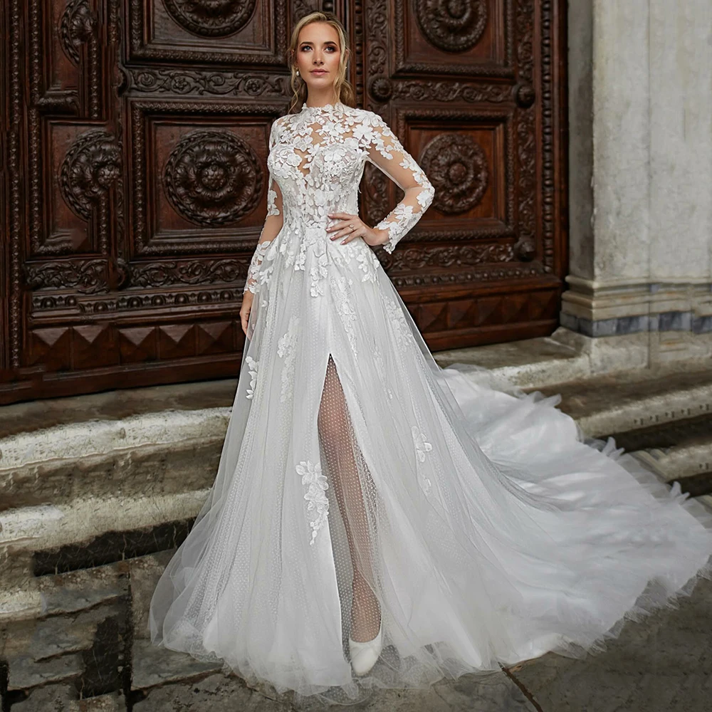 

Luxury Wedding Dresses A-line 2025 Boho Brides Dresses Long Sleeves O-Neck Backless Customized Side Split Wedding Gowns
