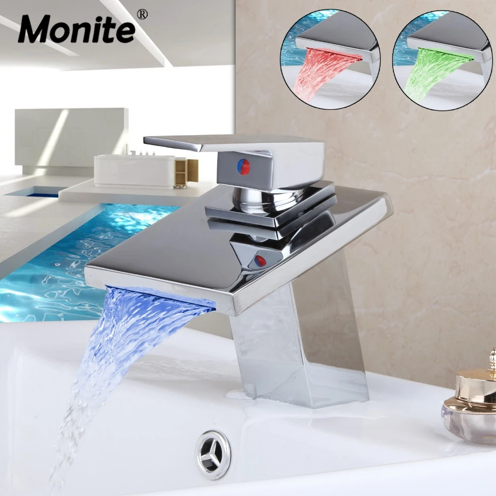 

Monite Soild Brass Waterfall Bathroom Faucet LED Light Deck Mounted Chrome Brass Vanity Sink Mixer Tap Water Power Light