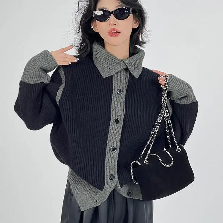 

Knitted Sweater Cardigan Coat Contrasting Color Women'S Korean Style Lazy Style Casual Chic Design Top