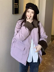Corduroy Splicing Lapel Down Cotton Jacket For Women In Autumn And Winter Oversized Loose Korean Design Purple Cotton Jacket