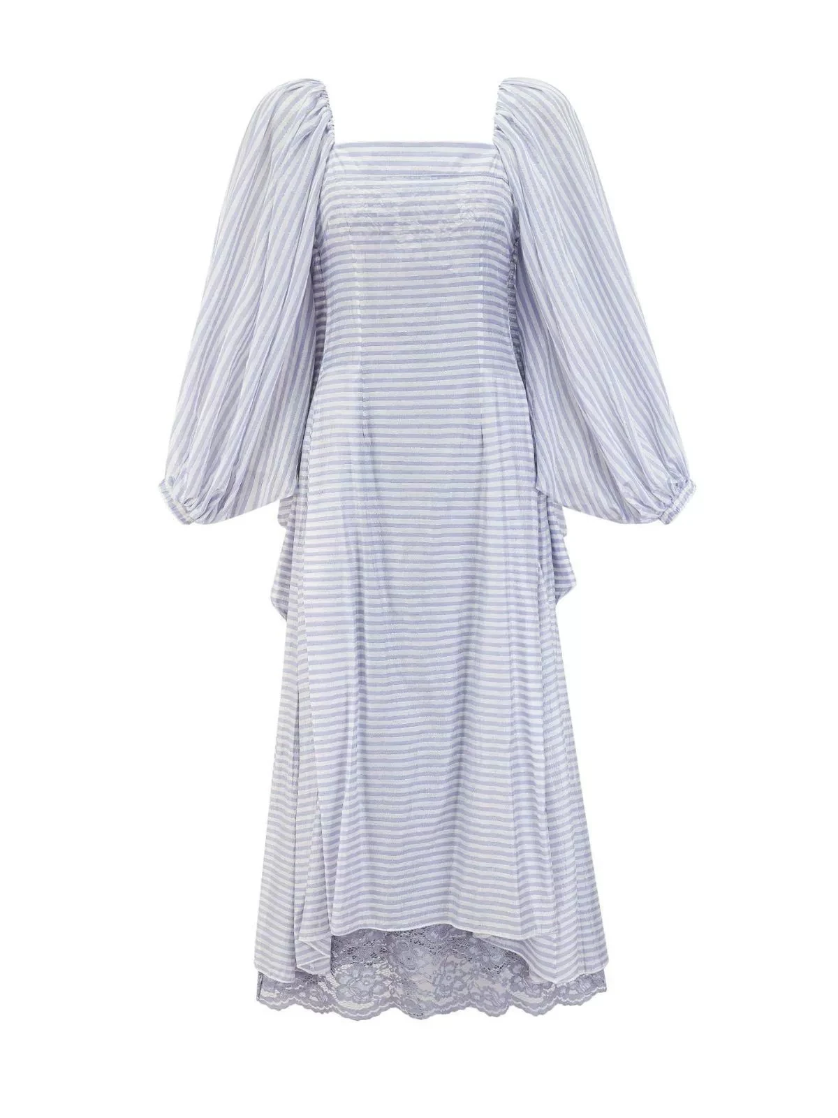 

Blue and white striped bat sleeve long skirt temperament celebrity style square neck skirt travel wear autumn dress-GZXX476