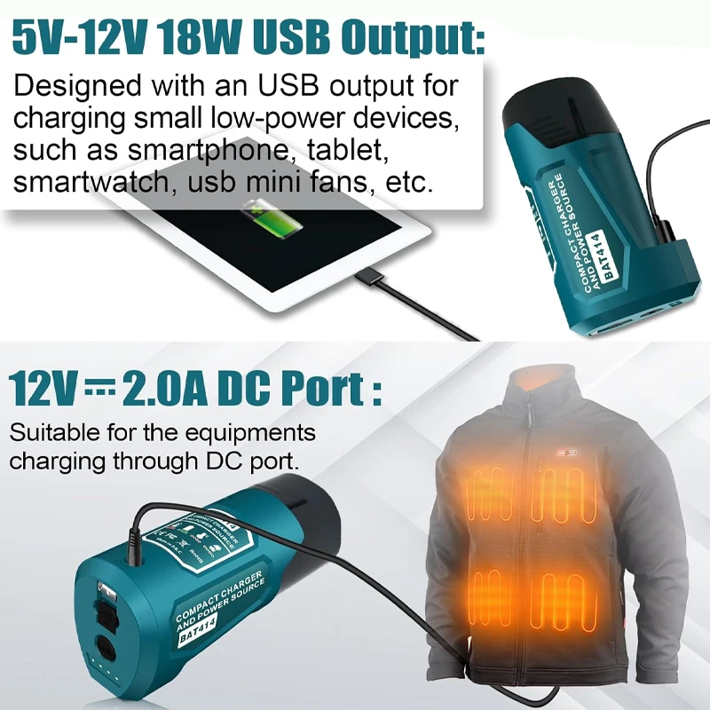 For Bosch 12V Battery Adapter Charger 10.8-12V Batteries BAT411 BAT414 for 12V Heated Jacket Charger with USB & Type C DC Port