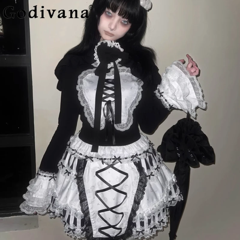 

Original Subculture Hot Girls Tops Shorts Outfit Spring Women's Japanese Kawaii Lace Print Ji Sleeve T-shirt Rabbit Ears Shorts