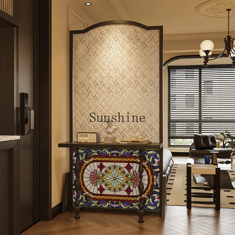 

French antique pattern glass screen partition living room entrance background wall decoration solid wood