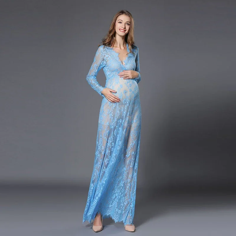 Maternity\'s White Lace Beach Pregnant Long Dress Women Photography Props Transparent Pregnancy Pajamas