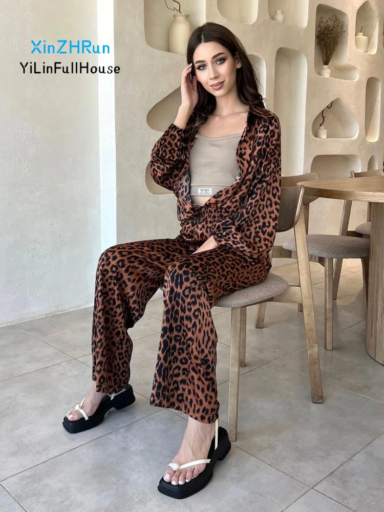 Women\'s Collar Single Breasted Personalized Fashion Leopard Print Long Sleeved Shirt Elastic Waist Straight Leg Pants Women Set