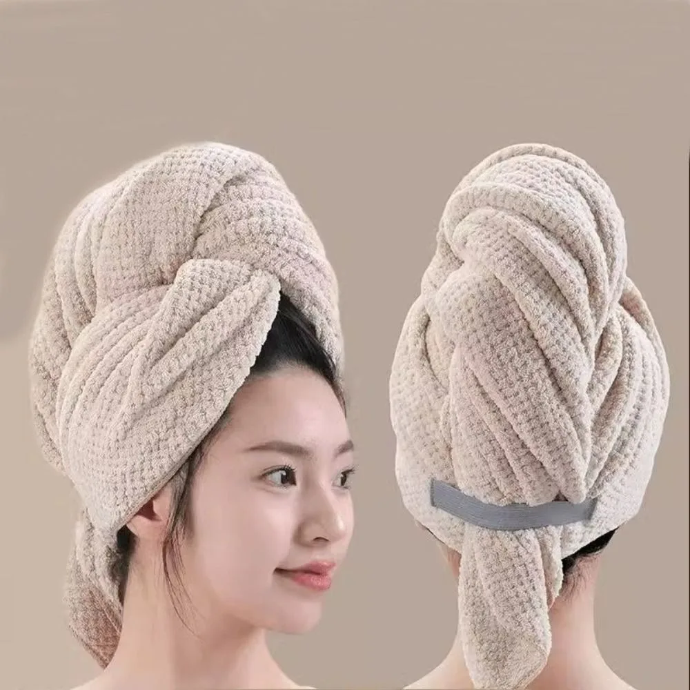 

New Large Hair Towel Wrap Solid Color Water Absorbent Dry Hair Cap Microfiber with Elastic Strap Quick Drying Turban Bath