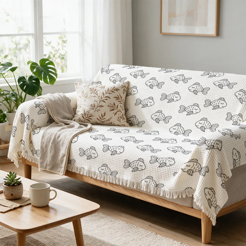 Charming Fish Print Sofa Throw Blanket Decorative Couch Cover for Living Room Seating Area Home Decor Gifts